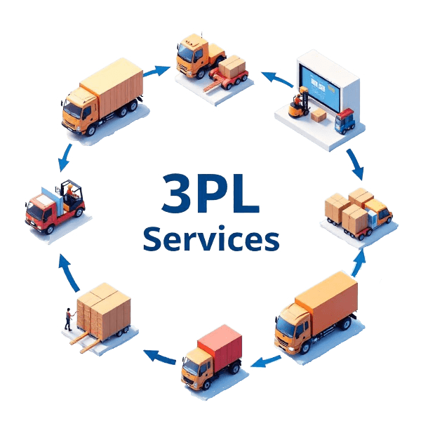 3PL Services Circular Flow - Integrated logistics solutions including warehousing, transportation, order fulfillment, and technology integration
